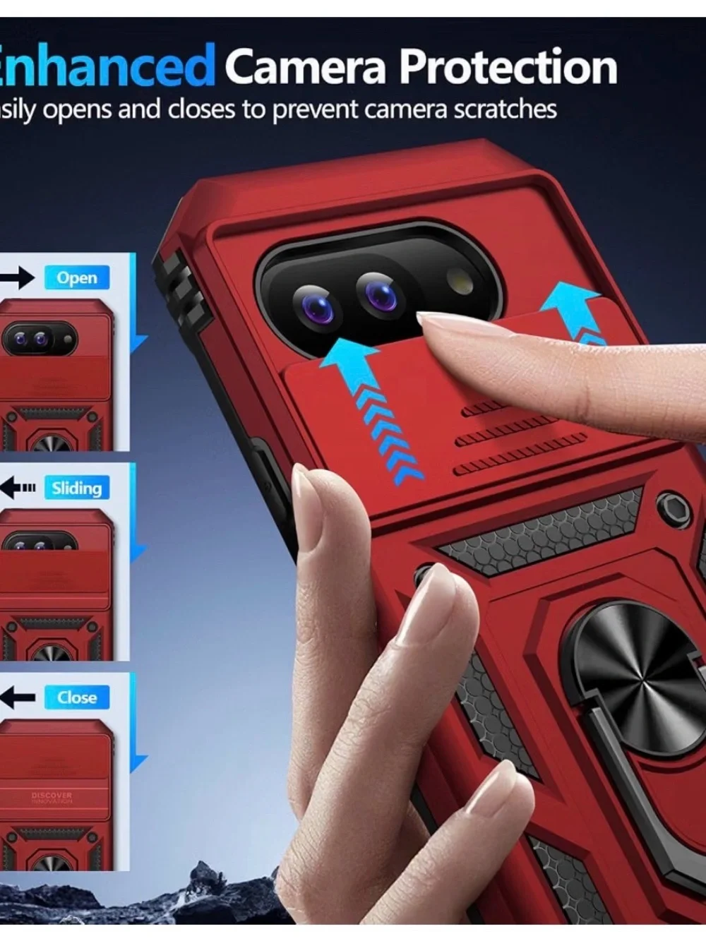 Google Pixal 9A Red Heavy-Duty Sliding Camera Case with Ring Kickstand